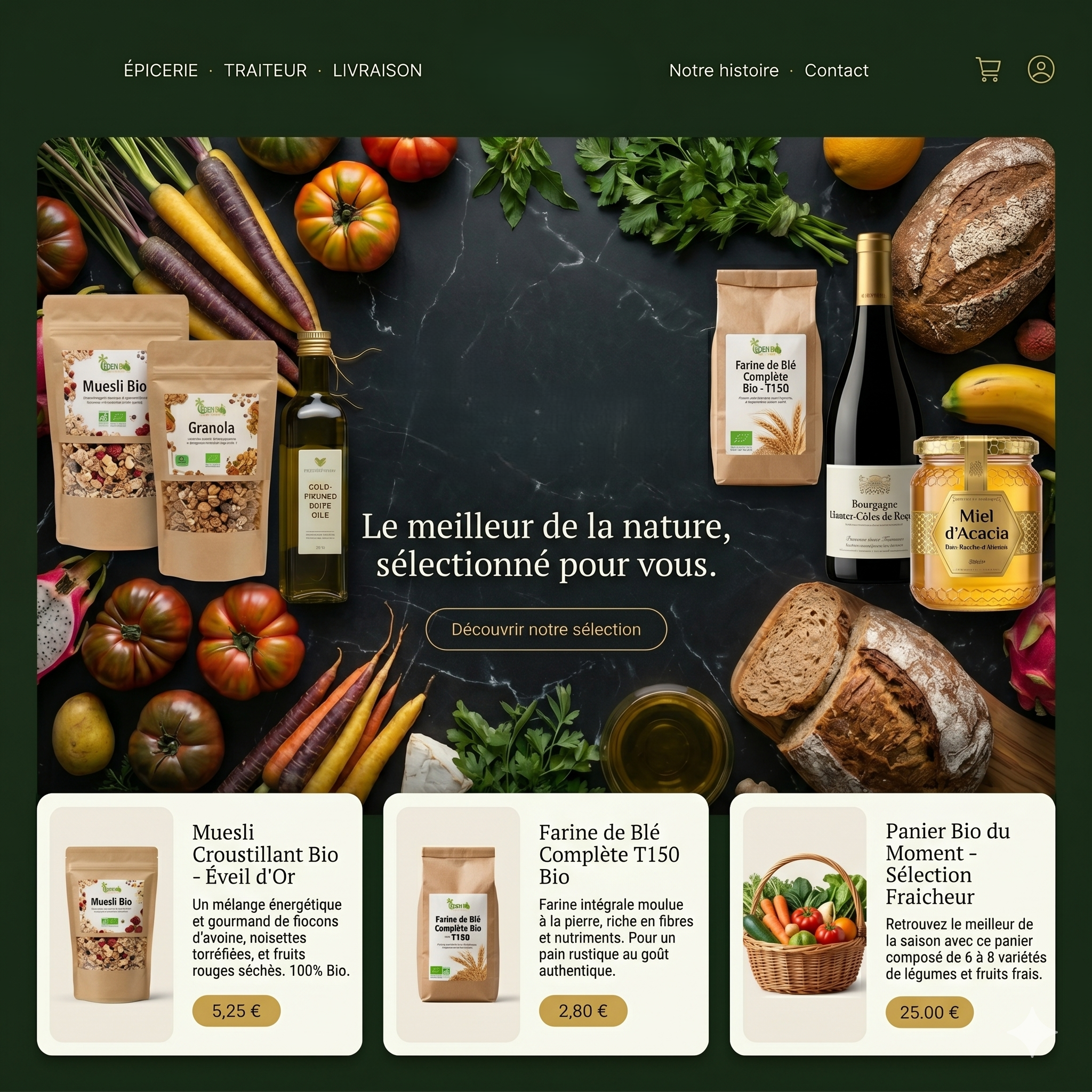 Exemple d’univers e-commerce pour une épicerie : produits bio, muesli, farine et panier de fruits et légumes