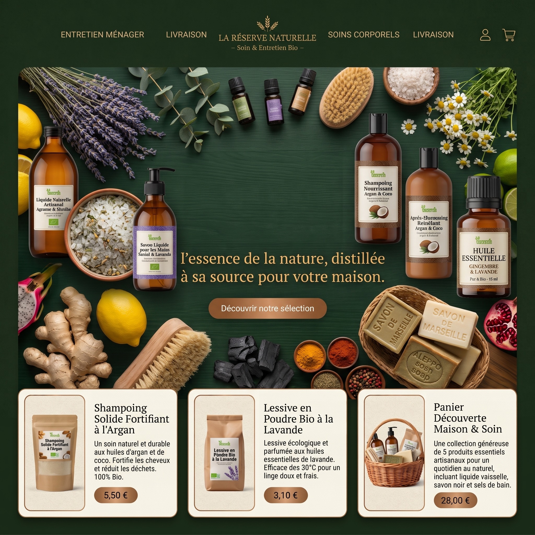 Exemple de boutique La Réserve Naturelle : produits d’entretien ménager et de soins corporels dans un univers végétal vert profond.